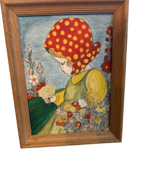 Vintage Hand Painted Cottage Girl In A Bonnet Wall Decor Folk Art Country